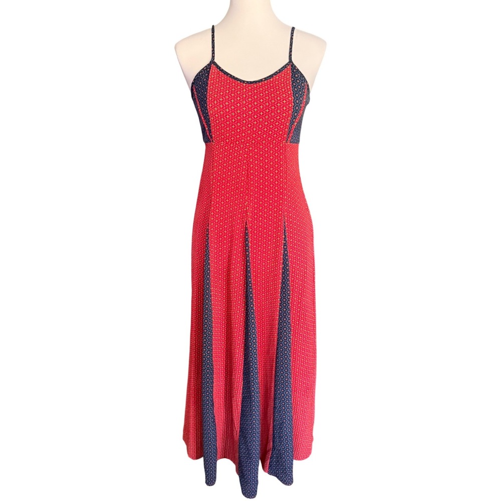 Brave Soul London Red Navy Geometric Print Midi Dress Strappy Godet Skirt Size 8
